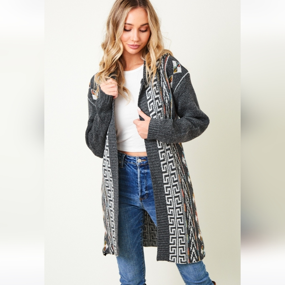 New! Cozy Charcoal Gray Aztec Boho Knit Cardigan Sweater - Picture 7 of 10